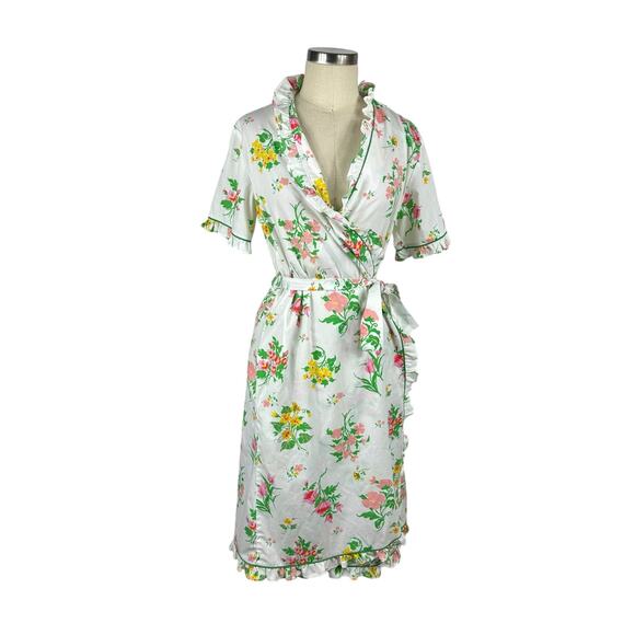 EVELYN PEARSON White Pink Green Floral Faux Wrap Mini Dress Women's Size Small - Picture 1 of 7